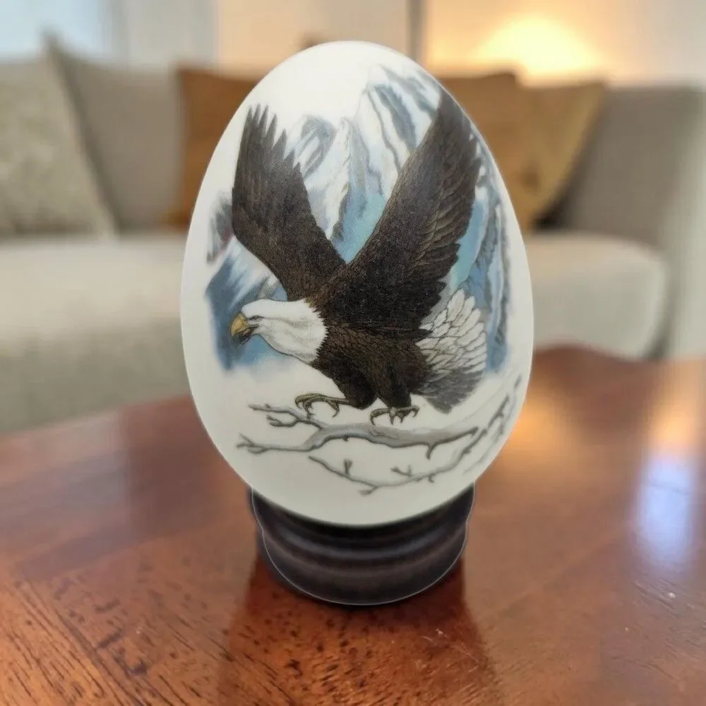 Eggzakly Collectors Egg Porcelain with Wood Stand Handmade Bald Eagle Soaring